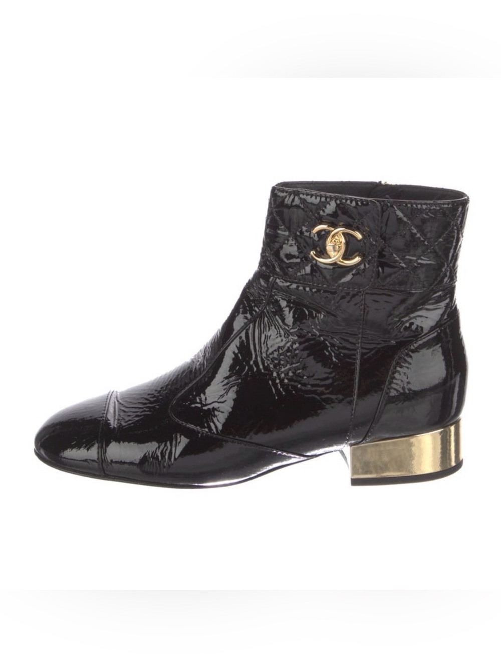 CHANEL Black Patent Leather Quilted Ankle Boots with Gold Heels and cc turn lock